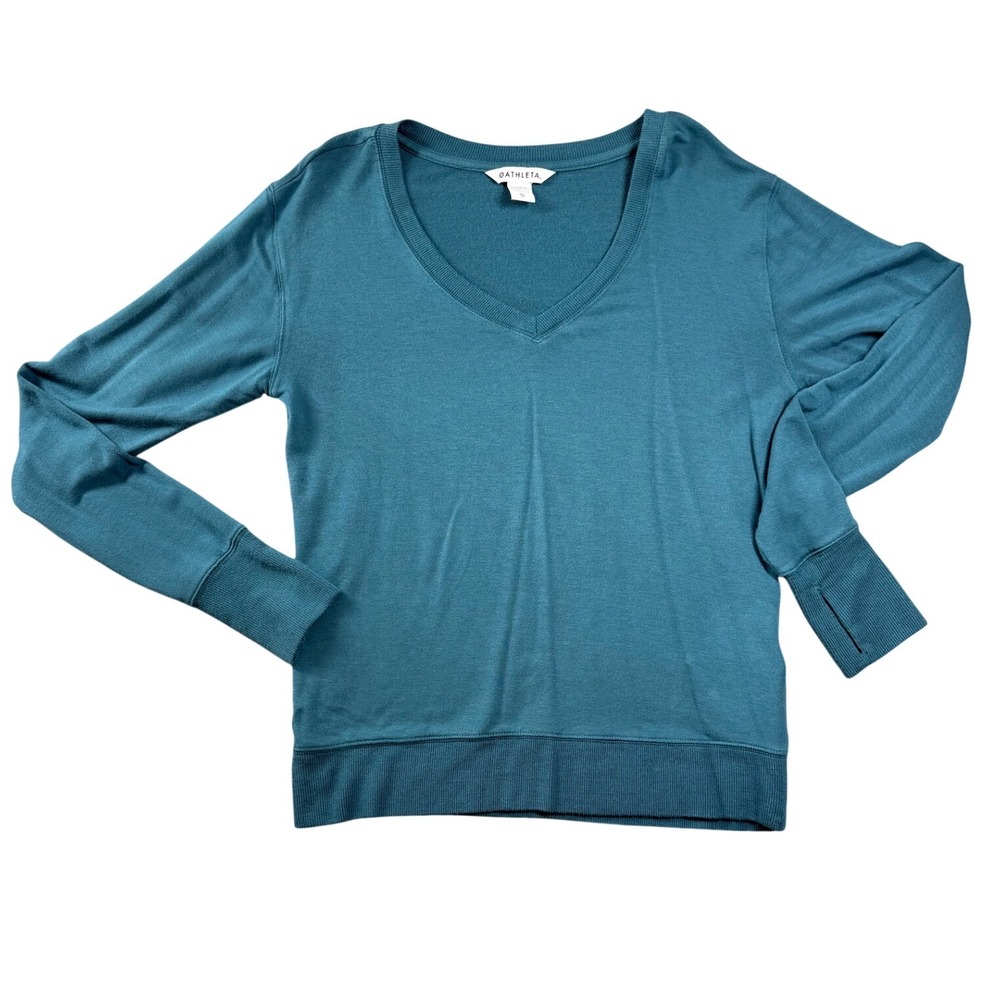 Athleta Sunrise V-Neck Sweatshirt Teal Blue Modal Thumbholes XS 982372-05 FA22